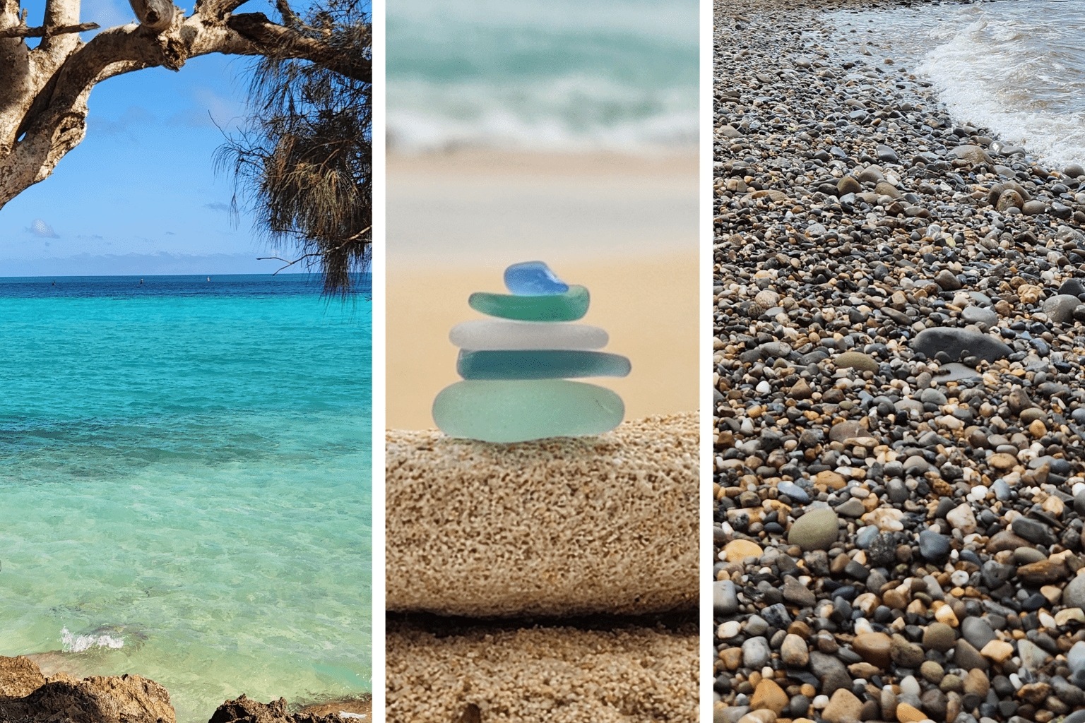 Sea glass jewelry and small coastal artworks arranged in three panels